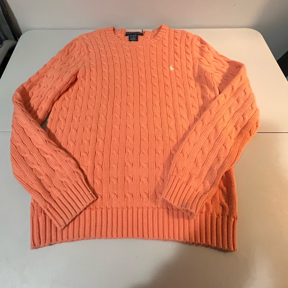 Ralph Lauren Sweater Womens Sz Large Orange Cotton Cable Knit Polo Pony